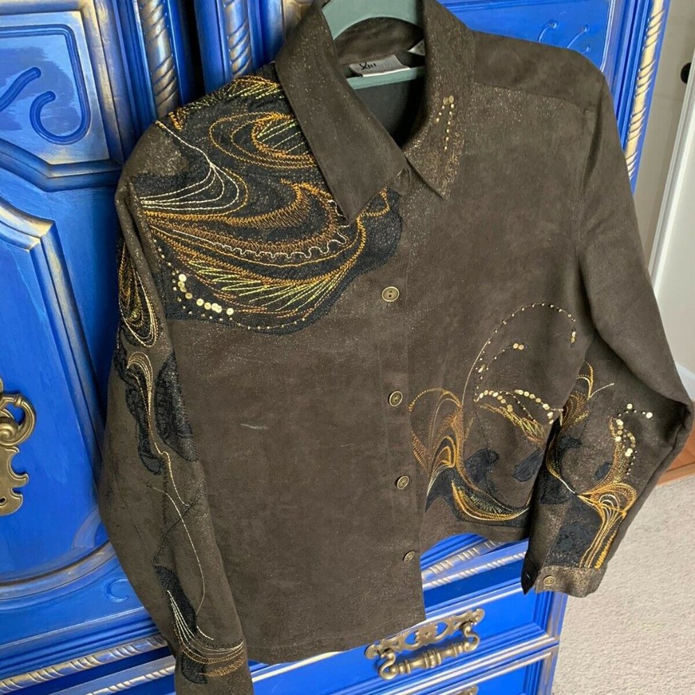 Chicos Small Brown Speckle Gold Embroidered Top